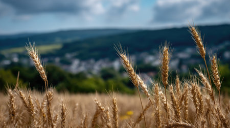 Golden wheat stalks in sharp focus in the foreground, with a blurred scenic countryside backgroundの素材