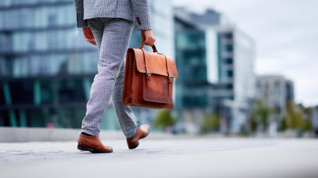 Focused man in a business suit walking toward an office building with a leather briefcase in hand, exuding leadershipの素材