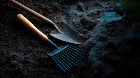 Gardening tools such as a hoe and rake resting on dark, crumbly soil, showing the texture of well-prepared earth for gardening workの素材