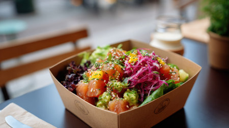 Colorful poke bowl set on a cafe table in a branded takeout box, ready for a quick healthy lunch breakの素材