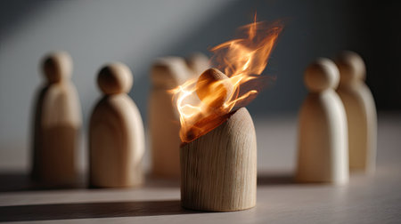 Flames engulfing a wooden figurine as others look on, representing emotional burnout in social interactionの素材