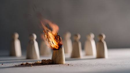Flames engulfing a wooden figurine as others look on, representing emotional burnout in social interactionの素材