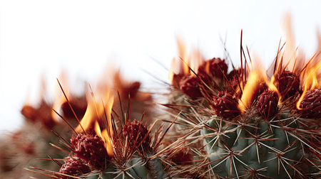 Desert cactus with spines catching fire, isolated against white, dramatic and symbolic of rising temperaturesの素材