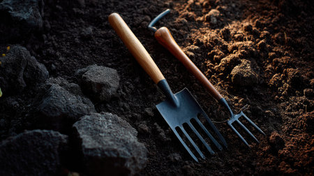 Gardening tools such as a hoe and rake resting on dark, crumbly soil, showing the texture of well-prepared earth for gardening workの素材