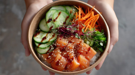 Hands holding a poke bowl to-go, topped with salmon sashimi, cucumbers, carrots, and a soy glaze drizzleの素材