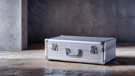 Luxury empty aluminum suitcase closed and placed on a modern concrete background, highlighting its sleek and sturdy exteriorの素材