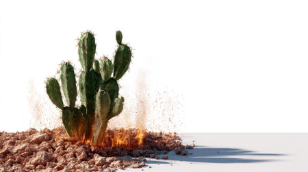 Green cactus isolated with fiery base, fire fading into the white background, symbol of desert resilienceの素材