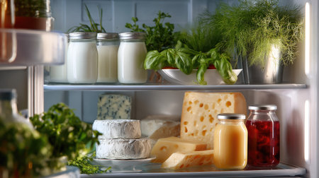 Interior of a modern refrigerator filled with groceries milk, cheeses, fresh herbs, and juices in pristine conditionの素材