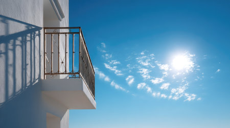 Balcony railing of a white building catching the morning sun with empty blue sky overheadの素材