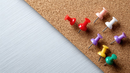 Blank paper notes arranged diagonally on a cork board with vibrant push pins, minimal and organized layoutの素材