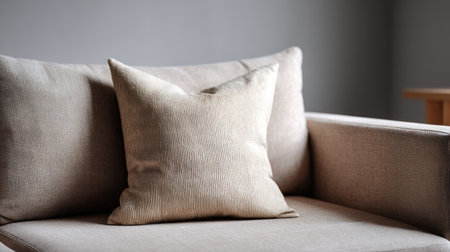 Neutral-toned soft pillow placed on a simple sofa, creating a minimalist and calming space for relaxationの素材