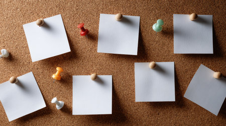Organized bulletin board with evenly spaced blank notes and matching push pins in office settingの素材
