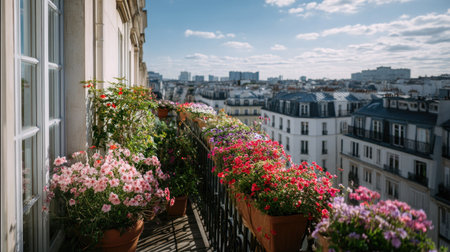 Narrow city balcony blooming with seasonal flowers beside a tall glass window overlooking rooftopsの素材