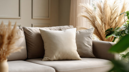 Blank cushion on a comfortable sofa, perfect for home decor styling or relaxation, set in a peaceful living roomの素材