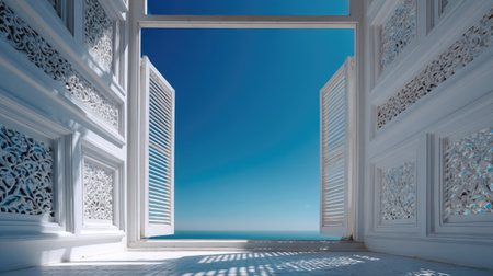 Ornate white window frame with open shutters, bright blue sky seen through and around the detailの素材
