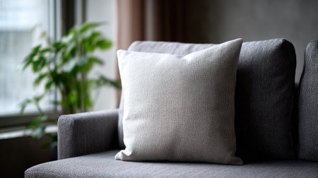 Blank neutral-colored pillow on a modern gray sofa, perfect for a minimalist and cozy living spaceの素材