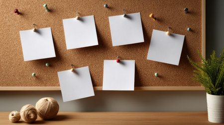Organized bulletin board with evenly spaced blank notes and matching push pins in office settingの素材