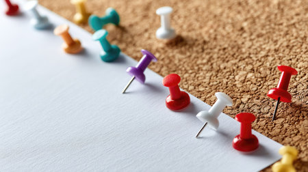 Blank paper notes arranged diagonally on a cork board with vibrant push pins, minimal and organized layoutの素材