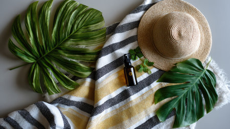 Beach flat lay with striped towel, bucket hat, SPF bottle, and tropical leavesの素材