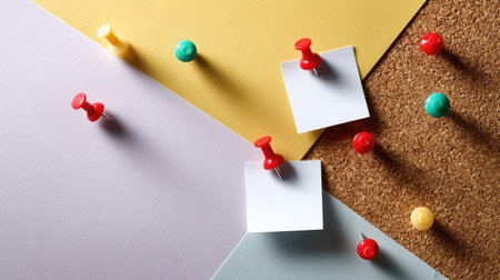 Blank paper notes arranged diagonally on a cork board with vibrant push pins, minimal and organized layoutの素材