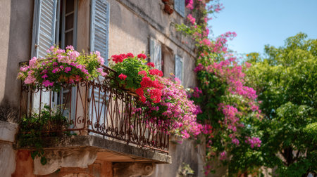 Old European house with a wrought-iron balcony decorated with pink and red flowers, window shutters open to sunlightの素材