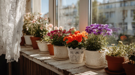 Narrow balcony with flower pots in various colors in front of a window with lace curtains, romantic vintage aestheticの素材