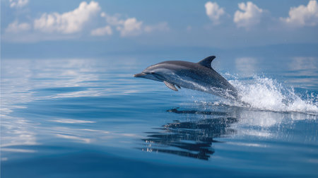 Ocean wildlife moment with a striped dolphin jumping out of the water, peaceful yet dynamicの素材