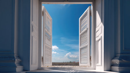 Ornate white window frame with open shutters, bright blue sky seen through and around the detailの素材