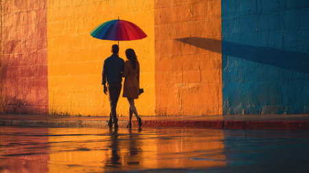 Couple walking under a shared colorful umbrella during golden hour rain, evoking romance and warmthの素材