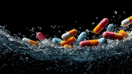 Tablets and capsules tumbling through a wave of water droplets, vivid contrast on a black backgroundの素材