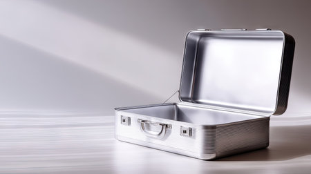 Open empty aluminum suitcase with spacious interior, lying on a smooth white surface, suggesting travel preparationの素材