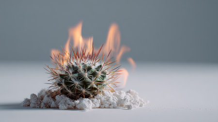 Minimalist shot of a small cactus with fire blazing around it, isolated on white, symbolizing contrast and survivalの素材