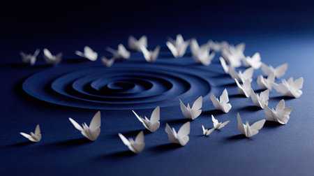 Paper butterflies arranged in a spiral on a deep navy background, suggesting motion, energy, and magicの素材