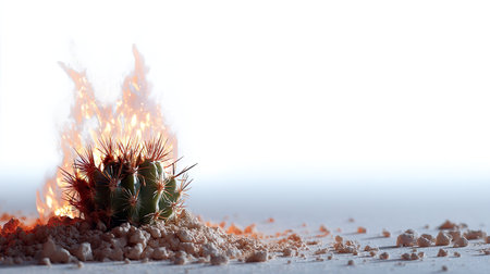 Minimalist shot of a small cactus with fire blazing around it, isolated on white, symbolizing contrast and survivalの素材