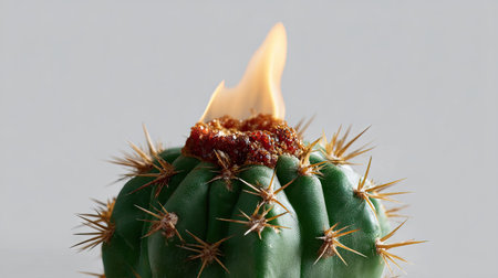 Conceptual image of a cactus burning slowly from the top down, sharp contrast with white backdropの素材