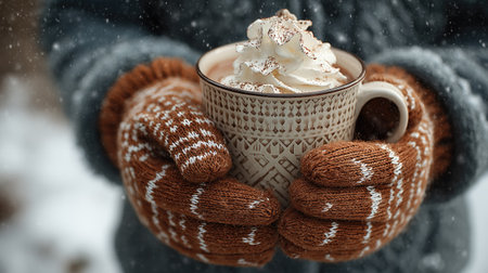 Child's hands holding a big mug of hot chocolate with whipped cream, wearing mittens in a snowy outdoor settingの素材