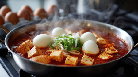 Korean hot pot filled with spicy tteokbokki-style sauce, fish cakes, and boiled eggs, steaming on the stoveの素材
