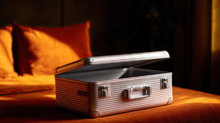 Open empty aluminum suitcase with a slightly raised lid, standing on a vibrant backdrop of a luxury hotel roomの素材