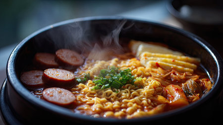 Korean budae jjigae hot pot bubbling with sausages, ramen noodles, tofu, and kimchi in spicy brothの素材