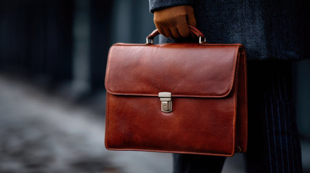 Close-up of a man in a formal outfit holding a luxurious leather briefcase, ready for a business meetingの素材