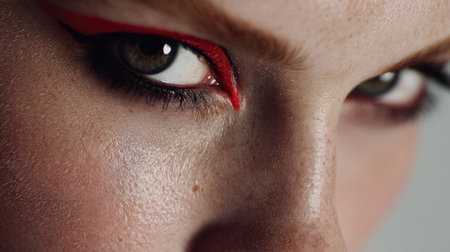 Close-up of a female model's face with bright graphic eyeliner and minimalistic background for a high-concept beauty shotの素材