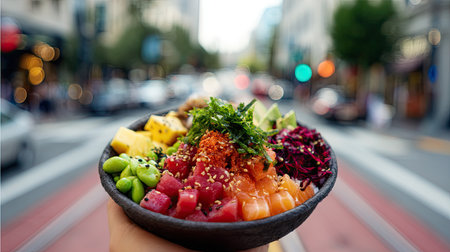 Hand holding a poke bowl with fresh ingredients, ready for takeout, against a city street backgroundの素材