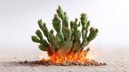 Green cactus isolated with fiery base, fire fading into the white background, symbol of desert resilienceの素材