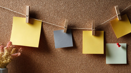 Creative workspace cork board with pinned blank notes and room for brainstorming and ideasの素材