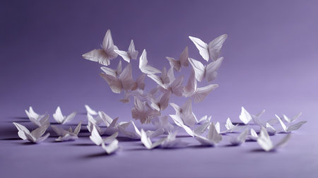 Paper butterflies forming a heart shape on a soft lavender background, symbolizing love, gentleness, and creativityの素材