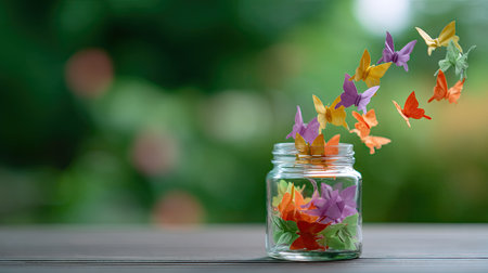 Paper butterflies escaping from a glass jar on a table, bright colors against a blurred green outdoor backgroundの素材