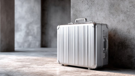 Luxury empty aluminum suitcase closed and placed on a modern concrete background, highlighting its sleek and sturdy exteriorの素材