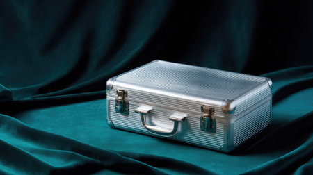 High-angle shot of an empty aluminum suitcase with a polished finish on a luxurious velvet backgroundの素材