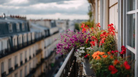 Narrow city balcony blooming with seasonal flowers beside a tall glass window overlooking rooftopsの素材