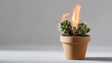 Close-up of a small potted cactus with the pot on fire, isolated on a pure white backgroundの素材